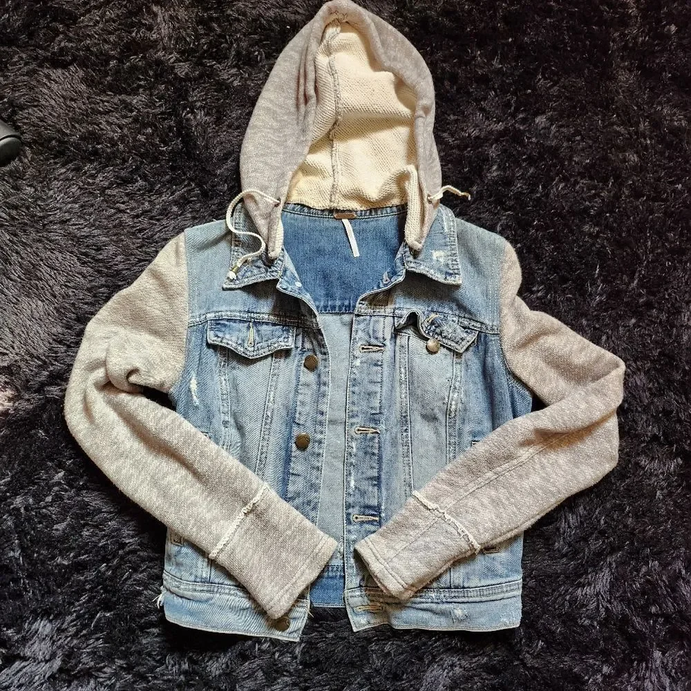 Free People Blue Denim Jacket with Gray Hood